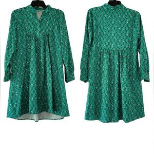Beautiful Green Party Geometric print buttoned v-neck pleated dress tunic